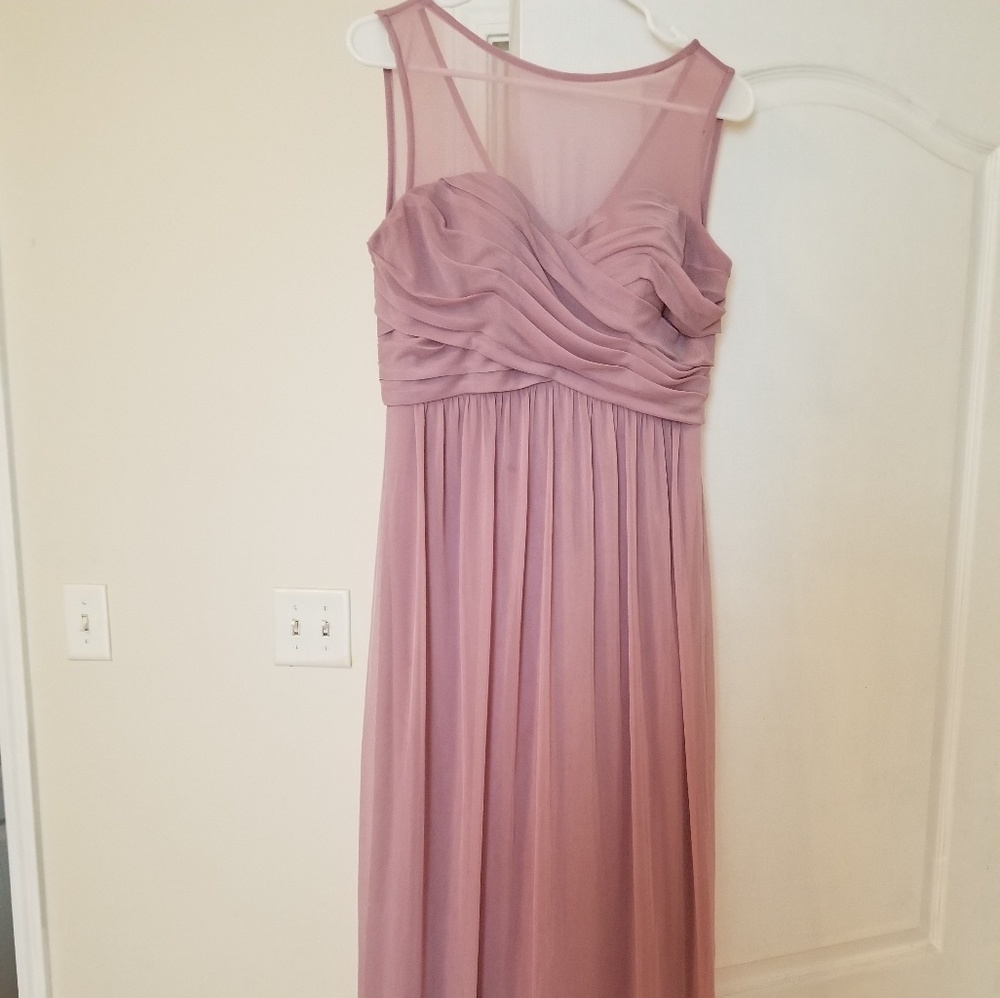 Long illusion neckline bridesmaids dress in quartz
